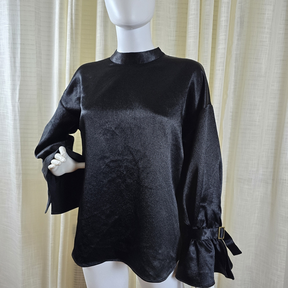 Express Black Satin Blouse with Buckle Sleeves
